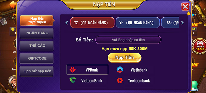 Nạp tiền vào tài khoản để có thể trải nghiệm trò chơi tài xỉu 68 game bài